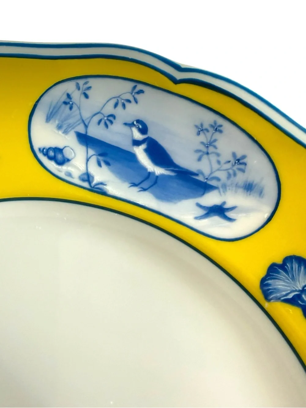 Lynn Chase Designs Costa Azzurra Dinner Plate Yellow Blue Birds Shells 10in